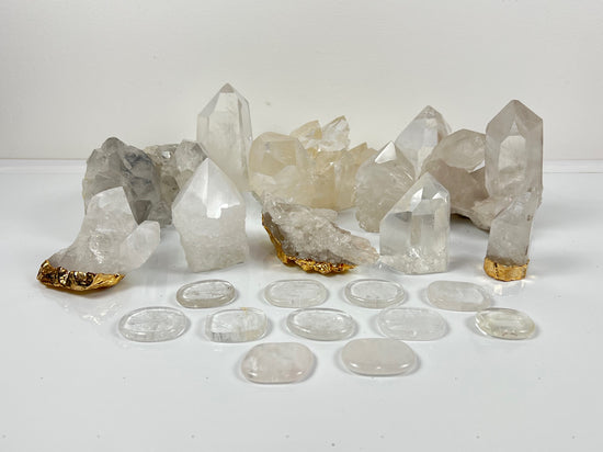 Clear Quartz Clusters, Pointers, and palm stones