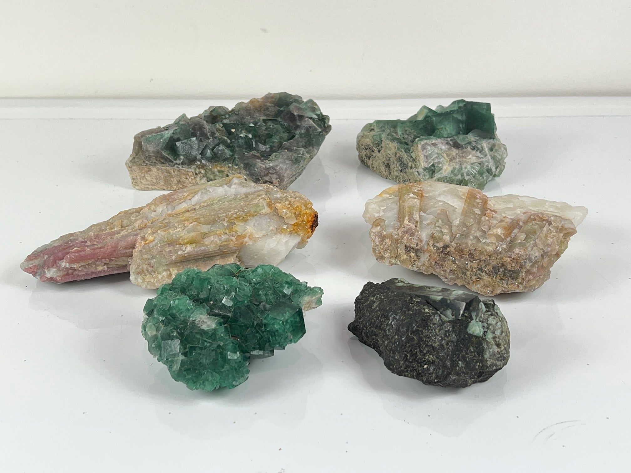 Flourite, Pink Tourmaline and Emerald Matrix Clusters